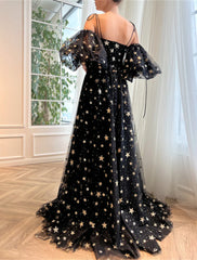 A-Line Prom Dresses Sparkle & Shine Dress Wedding Party Birthday Sweep / Brush Train Half Sleeve Off Shoulder Tulle with Sequin Slit