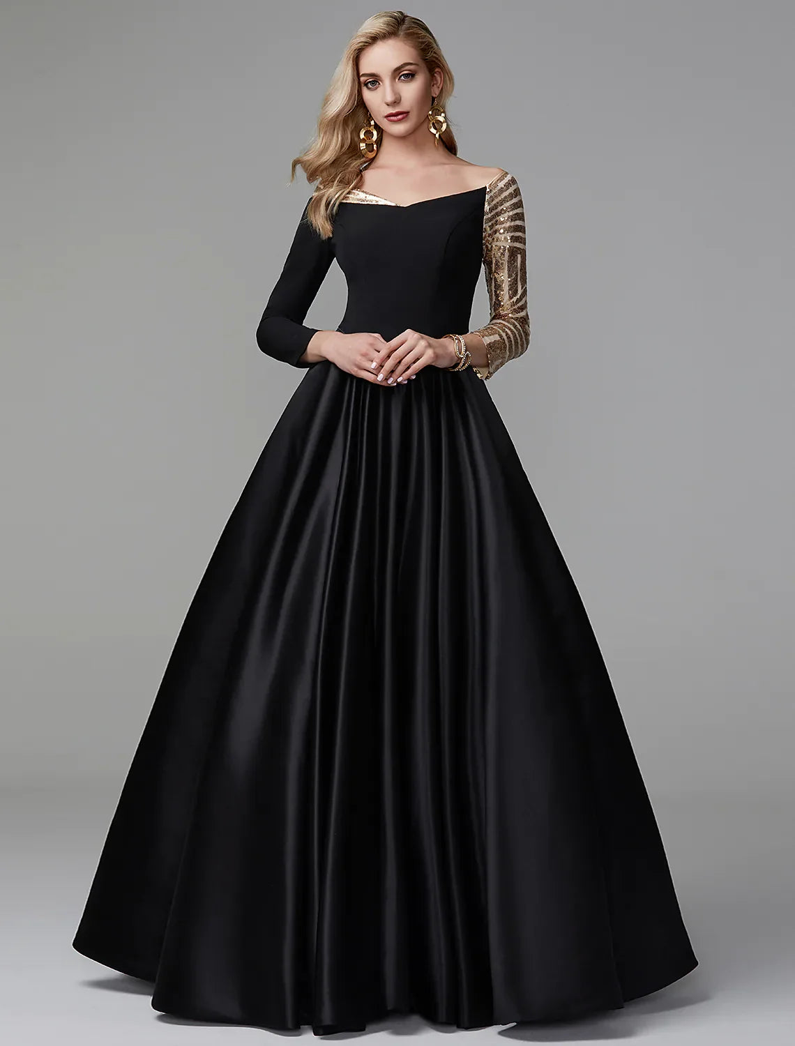 Black Sparkle Formal Evening Dress Off Shoulder Long Sleeve Floor Length Satin with Sequin