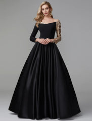 Black Sparkle Formal Evening Dress Off Shoulder Long Sleeve Floor Length Satin with Sequin
