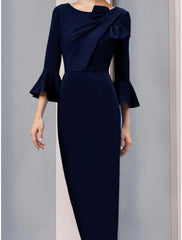Wholesa A-Line Mother of the Bride Dress Wedding Guest Elegant Scoop Neck Ankle Length Stretch Fabric 3/4 Length Sleeve with Bow(s) Ruching Solid Color