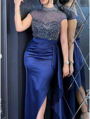 A-Line Evening Gown Elegant Dress Formal Floor Length Short Sleeve High Neck  Satin with Ruched Sequin Slit 2025