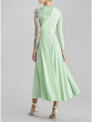 Aimishang A-Line Mother of the Bride Dress Wedding Guest Party Elegant Jewel Neck Tea Length Satin Lace Long Sleeve with Ruching Solid Color