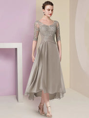 Aimishang Two Piece A-Line Mother of the Bride Dress Formal Wedding Guest Elegant High Low V Neck Asymmetrical Tea Length Chiffon Lace Half Sleeve Wrap Included with Ruched Appliques