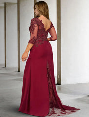 Aimishang A-Line Plus Size Curve Mother of the Bride Dresses Elegant Dress Formal Wedding Guest Court Train 3/4 Length Sleeve V Neck Chiffon with Sequin Slit Appliques