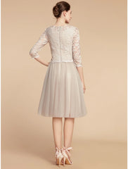 Aimishang A-Line Mother of the Bride Dress Wedding Guest Elegant Petite Jewel Neck Knee Length Lace Tulle Half Sleeve with Pleats Solid Color