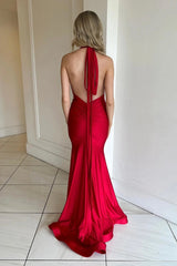 Mermaid V Neck Red Elasitc Satin Prom Dresses