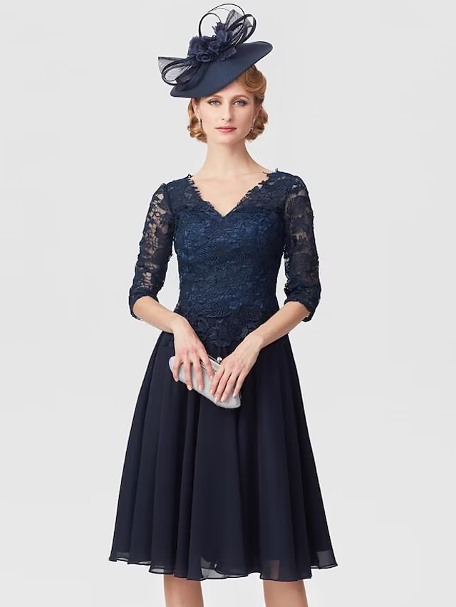 Mother of the Bride Dress Elegant V Neck Knee Length Chiffon Sheer Lace Half Sleeve with Lace