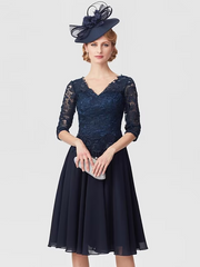 Mother of the Bride Dress Elegant V Neck Knee Length Chiffon Sheer Lace Half Sleeve with Lace