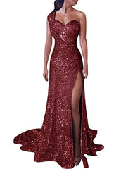 Sheath/Column One-Shoulder Floor-Length Long Prom Dresses With Split Side Sparkly