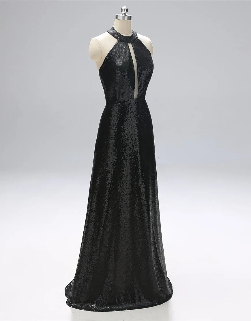 Prom Dress Open Back Evening Dress Halter Black Sexy Long