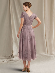 A-Line Mother of the Bride Dress Elegant Lace Tulle Short Sleeve with Appliques