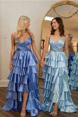 A Line V Neck Tiered Satin Long Prom Dresses
