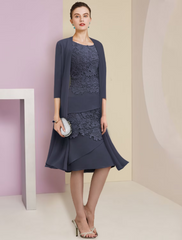 Two Piece Mother of the Bride Dress Formal Wedding Guest Vintage Elegant Scoop Neck Knee Length Chiffon Lace Short Sleeve Jacket Dresses with Tier Appliques