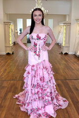 Mermaid Strapless Pink Floral Printed Ruffle Tiered Long Prom Dresses
