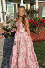 A Line Sweetheart Purple Jacquard Satin Long Prom Dresses