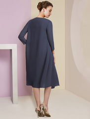Two Piece Mother of the Bride Dress Formal Wedding Guest Vintage Elegant Scoop Neck Knee Length Chiffon Lace Short Sleeve Jacket Dresses with Tier Appliques