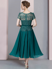 Two Piece A-Line Mother of the Bride Dress Formal Wedding Guest Elegant V Neck Chiffon Lace Short Sleeve Wrap Included with Sequin Appliques