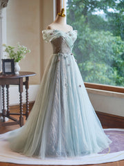 Off Shoulder Tulle A-Line Green Long Prom Dress, Green Long Formal Dress
