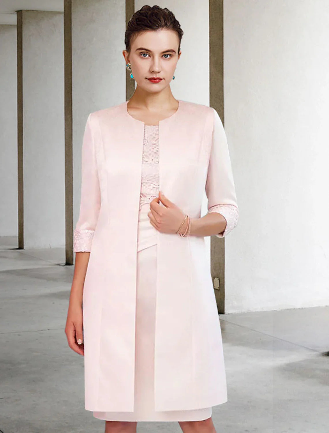 Aimishang Two Piece Sheath / Column Mother of the Bride Dress Church Elegant Winter With Jacket Half Sleeve Scoop Neck Knee Length Satin Lace Side-Draped