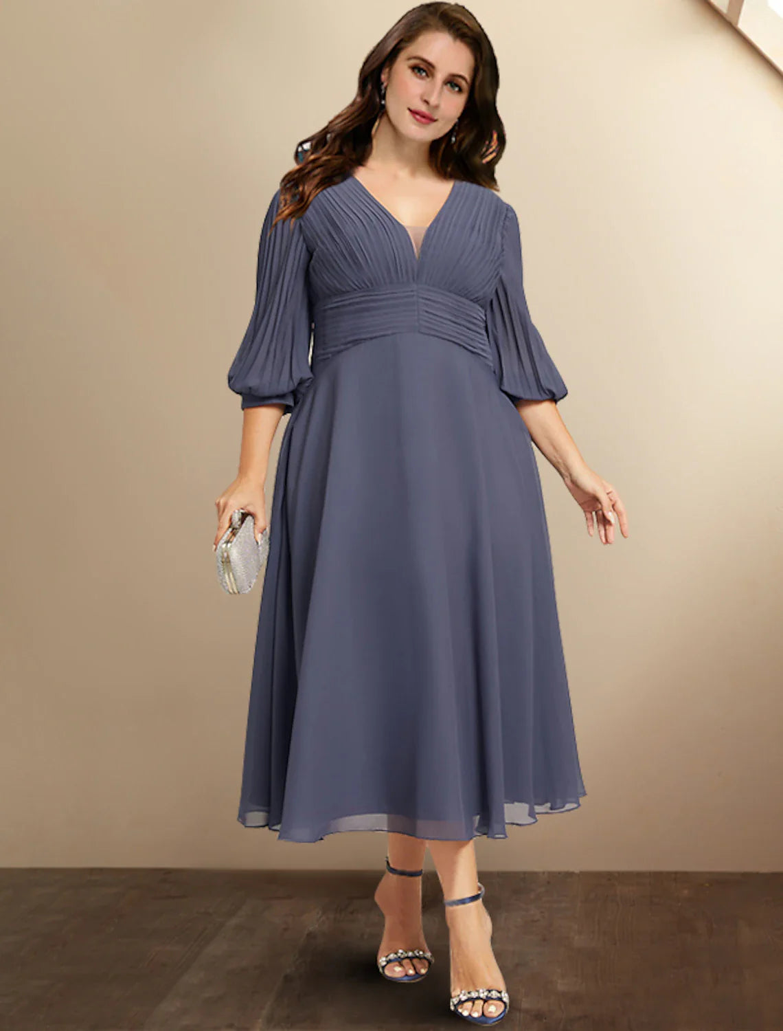 Aimishang  A-Line Mother of the Bride Dresses Plus Size Hide Belly Curve Elegant Dress Formal Tea Length Half Sleeve V Neck Chiffon with Pleats Ruched Fall
