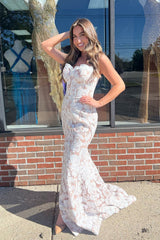 Sweetheart White Lace Slit Evening Mermaid Prom Dresses