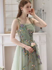 A-Line Tulle Lace Green Long Prom Dress, Green Long Formal Dress