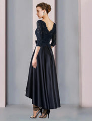 Aimishang  A-Line Mother of the Bride Dress Wedding Guest Elegant High Low Scoop Neck Asymmetrical Tea Length Satin Lace 3/4 Length Sleeve with Pleats Appliques Flower