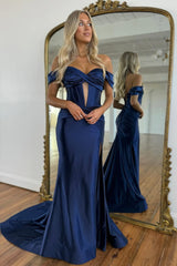 Mermaid Off the Shoulder Keyhole Navy Blue Satin Long Prom Dresses