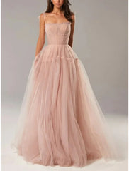 A-Line Evening Gown Elegant Dress Formal Floor Length Sleeveless Spaghetti Strap Tulle with Bow(s) Pleats