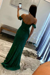 Dark Green Off-the-Shoulder Lace Long Mermaid Prom Dresses
