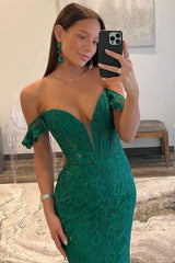 Dark Green Off-the-Shoulder Lace Long Mermaid Prom Dresses