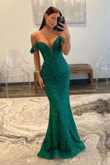 Dark Green Off-the-Shoulder Lace Long Mermaid Prom Dresses