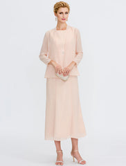 Aimishang  Two Piece Sheath / Column Mother of the Bride Dress Wedding Guest Plus Size Elegant with Jacket Long Sleeve Scoop Neck Tea Length Chiffon Sash / Ribbon Pleats Beadin