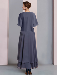 A-Line Mother of the Bride Dress Wedding Guest Vintage Plus Size Elegant V Neck  Satin Sleeve with Pleats