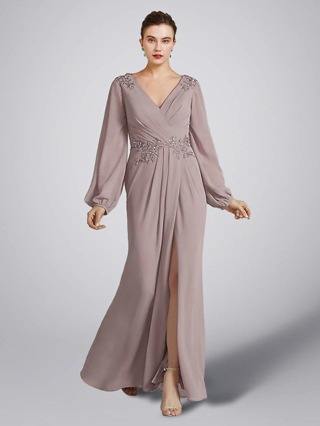 A-Line Mother of the Bride Dress Plus Size Elegant V Neck Floor Length Chiffon Long Sleeve