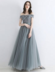 Prom Dresses Engagement Floor Length Short Sleeve off Shoulder Tulle Sash Ribbon Beading