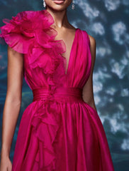 Wholesale A-Line Evening Gown Celebrity Style Dress Christmas Red Green Dress Formal Wedding Guest Floor Length Sleeveless V Neck Chiffon with Slit Pure Color