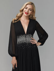 A-Line Evening Dress Celebrity Red Carpet Formal Gown Party Dress Black Tie Wedding Guest Floor Length Long Sleeve V Neck Chiffon with Sequin