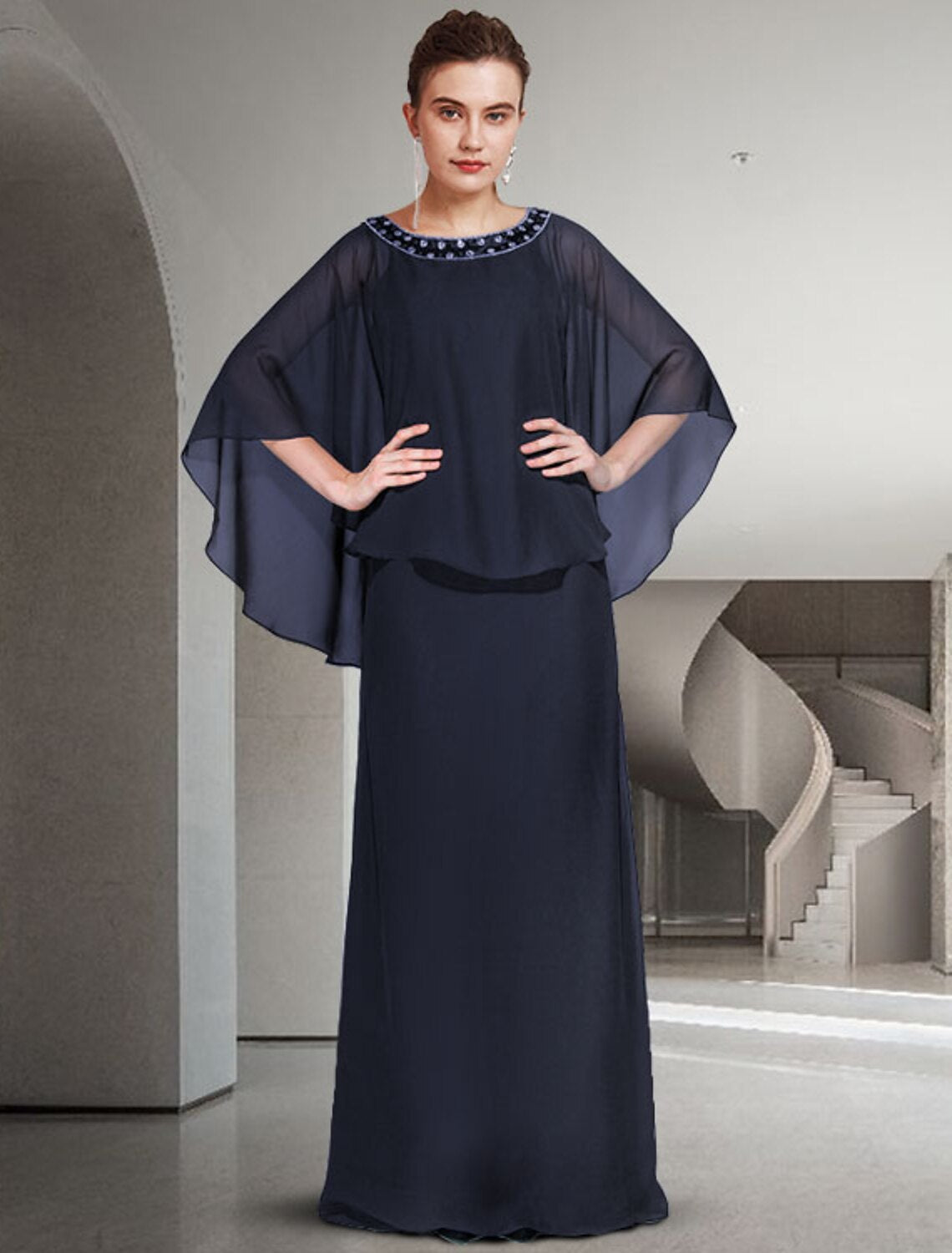 Aimishang Two Piece Sheath / Column Mother of the Bride Dress Elegant Jewel Neck Floor Length Chiffon Long Sleeve with Ruffles