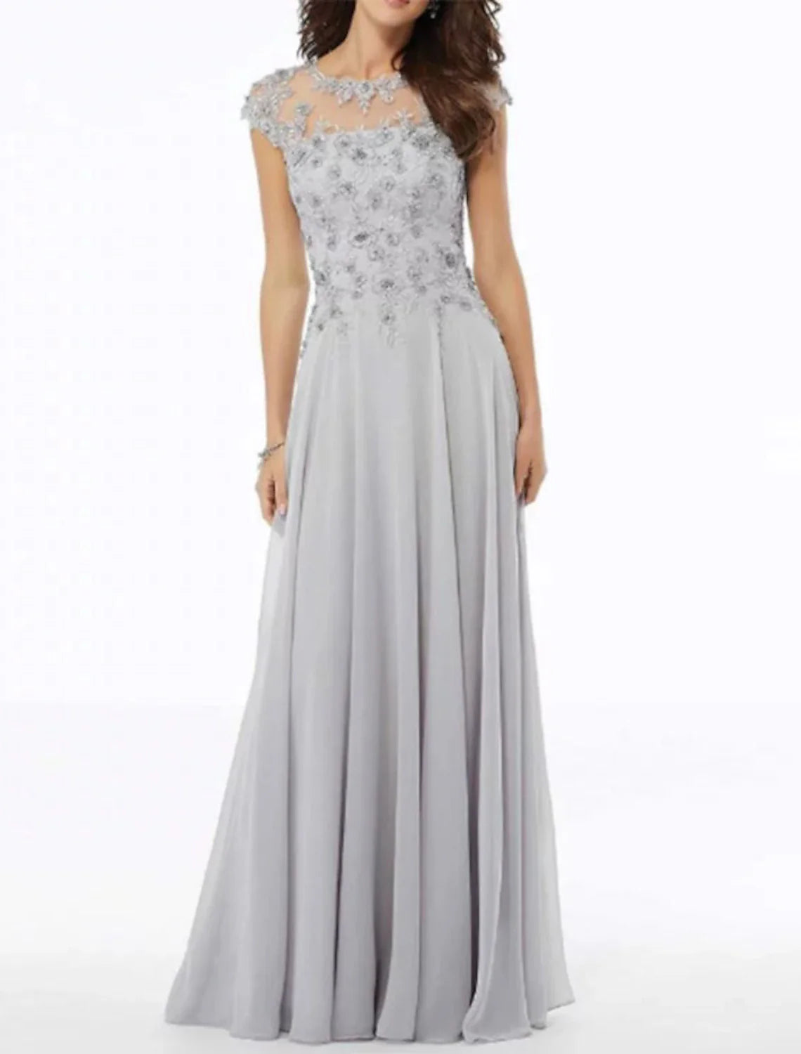 Aimishang A-Line Mother of the Bride Dress Elegant Jewel Neck Floor Length Chiffon Tulle Short Sleeve with Embroidery Appliques
