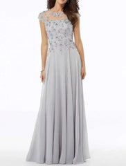 Aimishang A-Line Mother of the Bride Dress Elegant Jewel Neck Floor Length Chiffon Tulle Short Sleeve with Embroidery Appliques