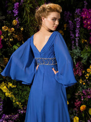 A-Line Mother of the Bride Dress Vintage Inspired V Neck Floor Length Chiffon Long Sleeve with Crystals Beading Side Draping