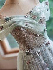 Off Shoulder Tulle A-Line Green Long Prom Dress, Green Long Formal Dress
