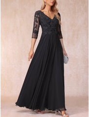Aimishang A-Line Mother of the Bride Dress Wedding Guest Elegant V Neck Floor Length Chiffon Lace 3/4 Length Sleeve with Ruching Solid Color