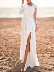 Aimishang Beach Mature Wedding Dresses A-Line Scoop Neck Long Sleeve Sweep / Brush Train Chiffon Bridal Gowns With Pleats Split Front