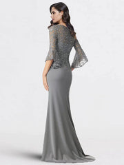 Mermaid / Trumpet Mother of the Bride Dress Plus Size Elegant V Neck Sweep / Brush Train Chiffon Lace 3/4 Length Sleeve with Sequin Appliques
