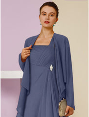 Aimishang  A-Line Mother of the Bride Dress Wedding Guest Elegant Square Neck Ankle Length Chiffon Long Sleeve with Crystal Brooch Ruching