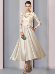 A-Line Mother of the Bride Dress Wedding Guest Elegant Jewel Neck Tea Length Satin Lace Half Sleeve with Bow(s) Pleats