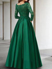 Aimishang A-Line Mother of the Bride Dress Luxurious Elegant V Neck Floor Length Chiffon Lace Long Sleeve with Pleats Appliques