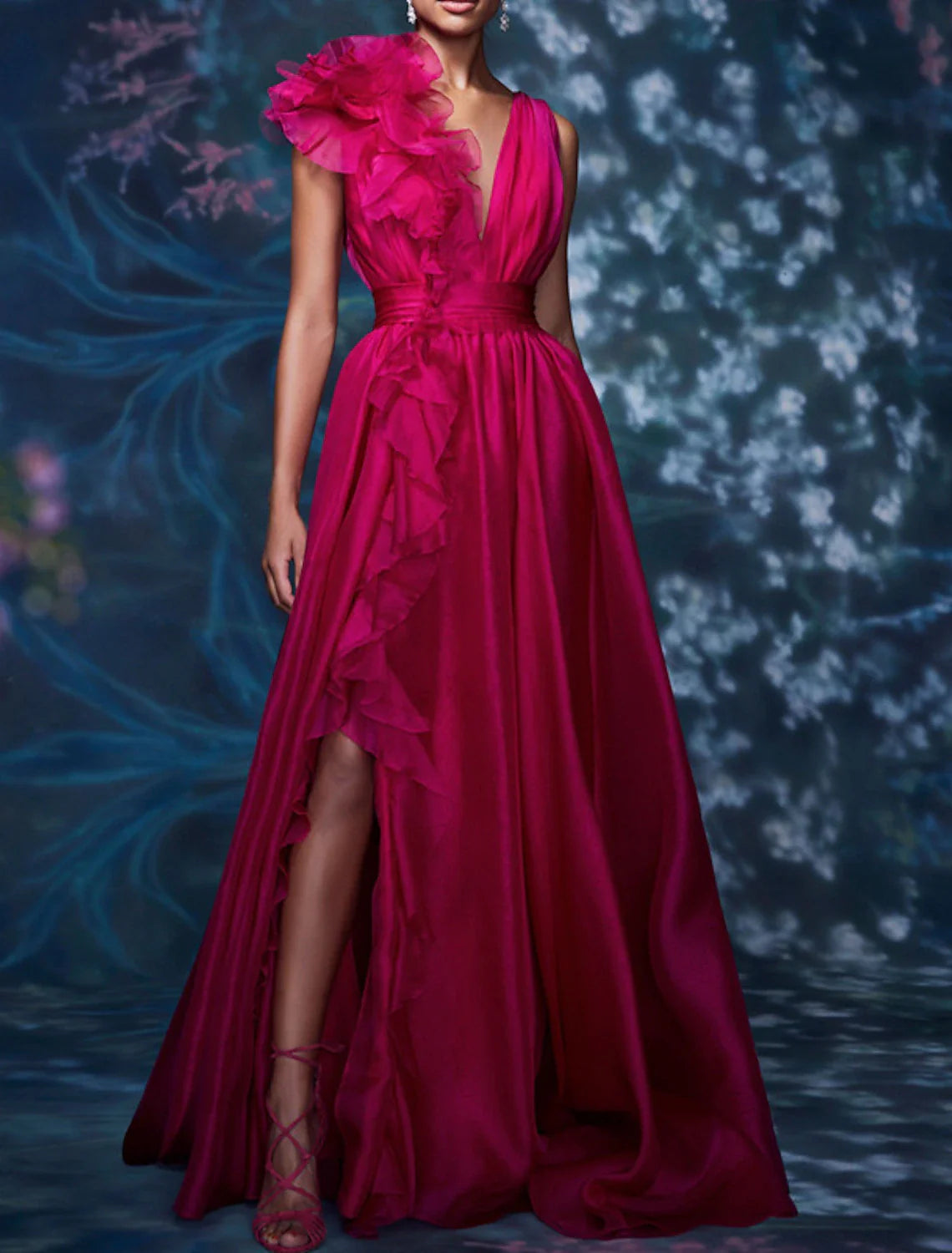 Wholesale A-Line Evening Gown Celebrity Style Dress Christmas Red Green Dress Formal Wedding Guest Floor Length Sleeveless V Neck Chiffon with Slit Pure Color
